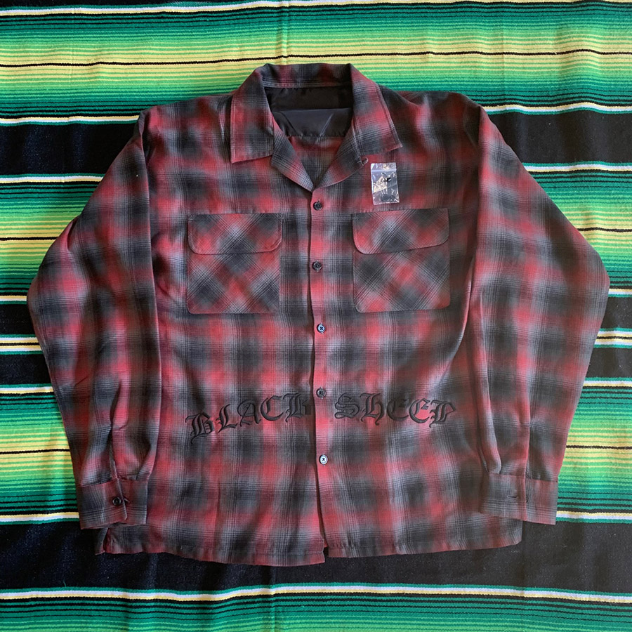 BLACK SHEEP SKATES - ブラックシープ "OLD E" オンブレシャツ (RED x 黒刺繍) Lサイズ